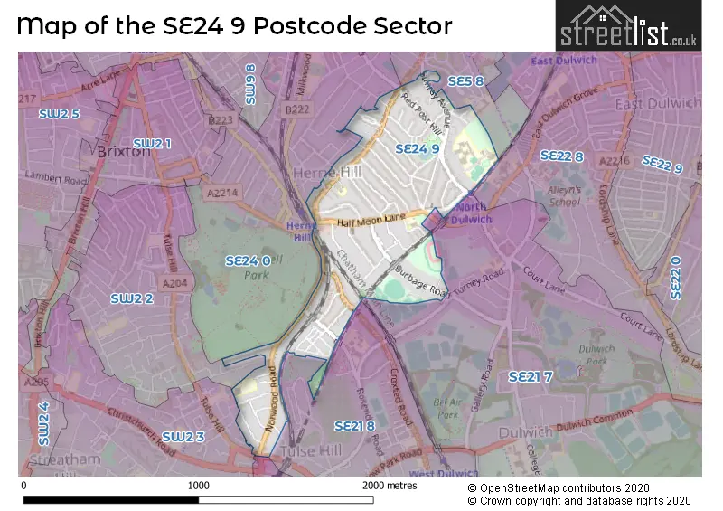 Map of the SE24 9 and surrounding postcode sector