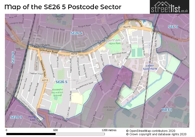 Map of the SE26 5 and surrounding postcode sector