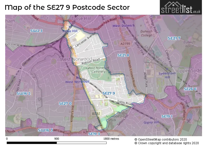 Map of the SE27 9 and surrounding postcode sector