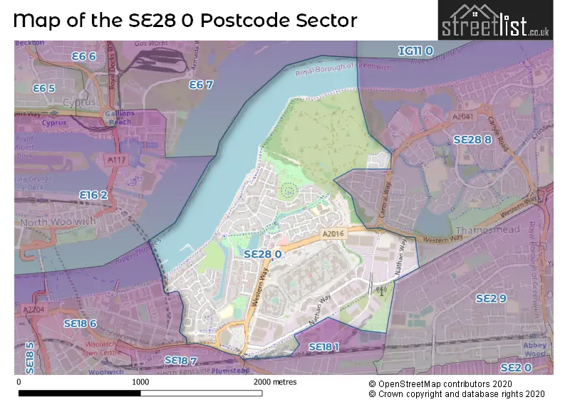 Map of the SE28 0 and surrounding postcode sector