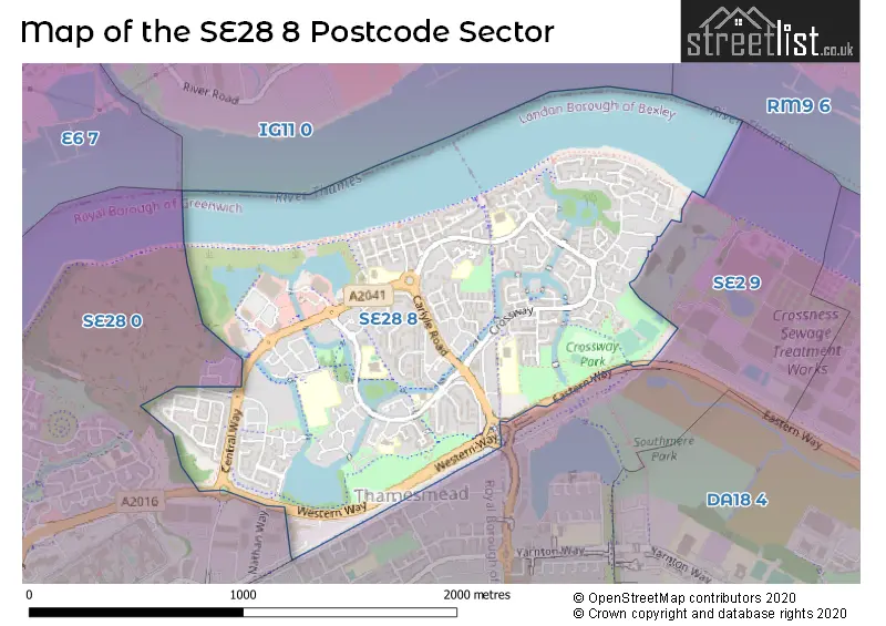 Map of the SE28 8 and surrounding postcode sector