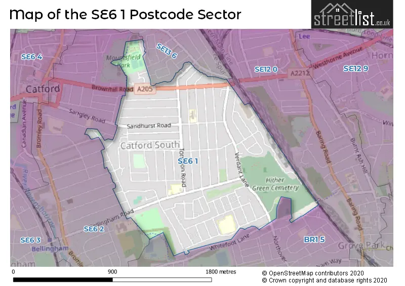 Map of the SE6 1 and surrounding postcode sector