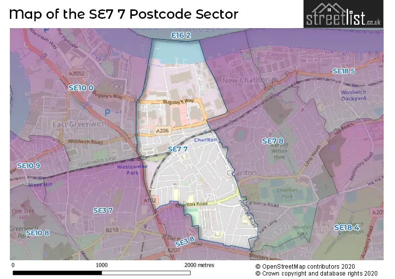 Map of the SE7 7 and surrounding postcode sector
