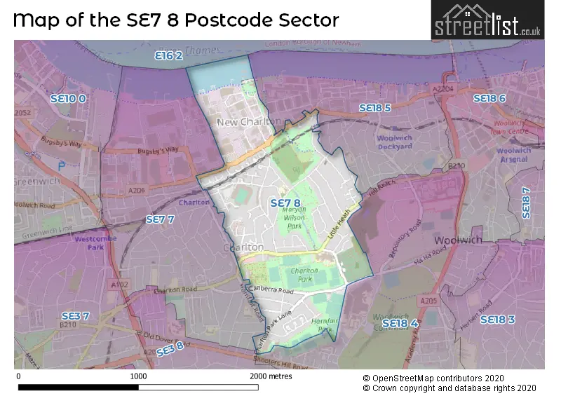 Map of the SE7 8 and surrounding postcode sector