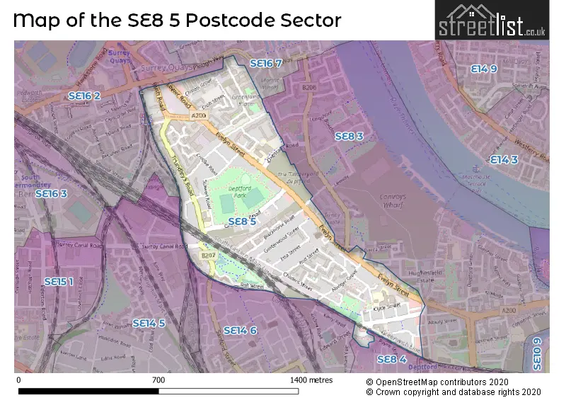 Map of the SE8 5 and surrounding postcode sector