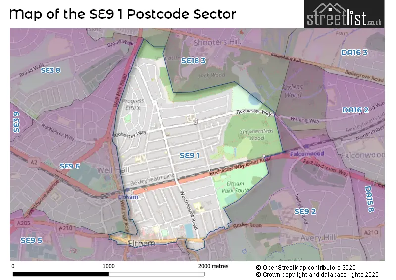 Map of the SE9 1 and surrounding postcode sector