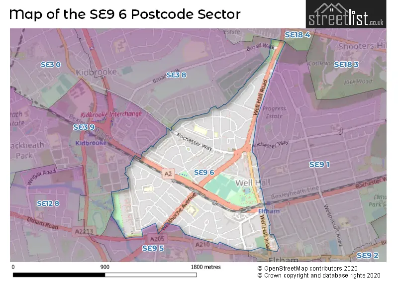 Map of the SE9 6 and surrounding postcode sector