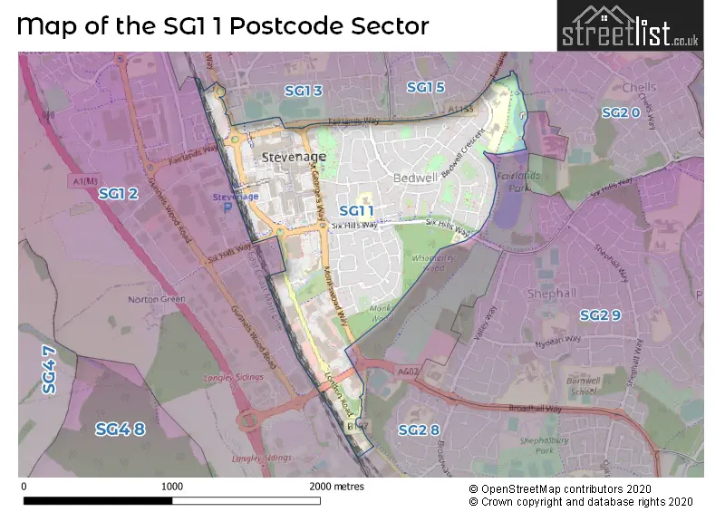 Map of the SG1 1 and surrounding postcode sector