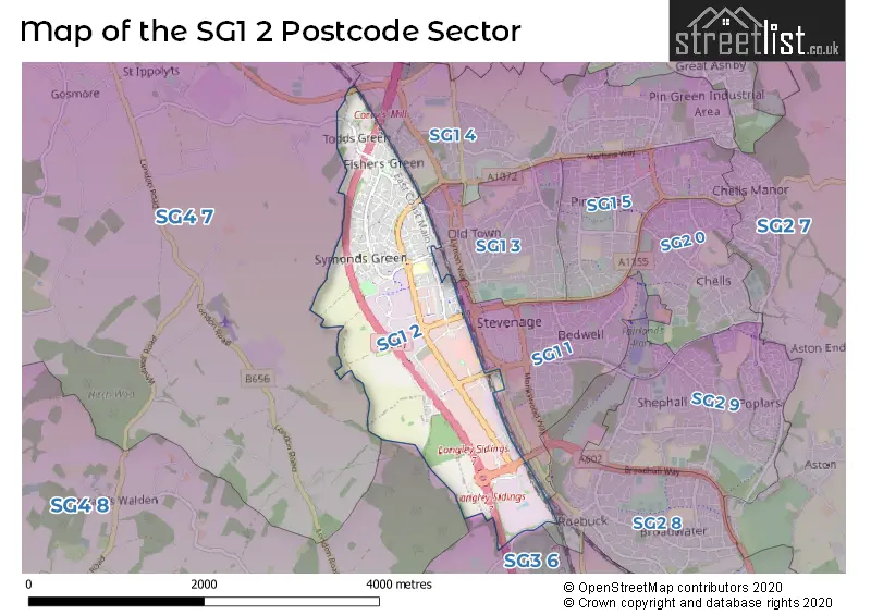 Map of the SG1 2 and surrounding postcode sector