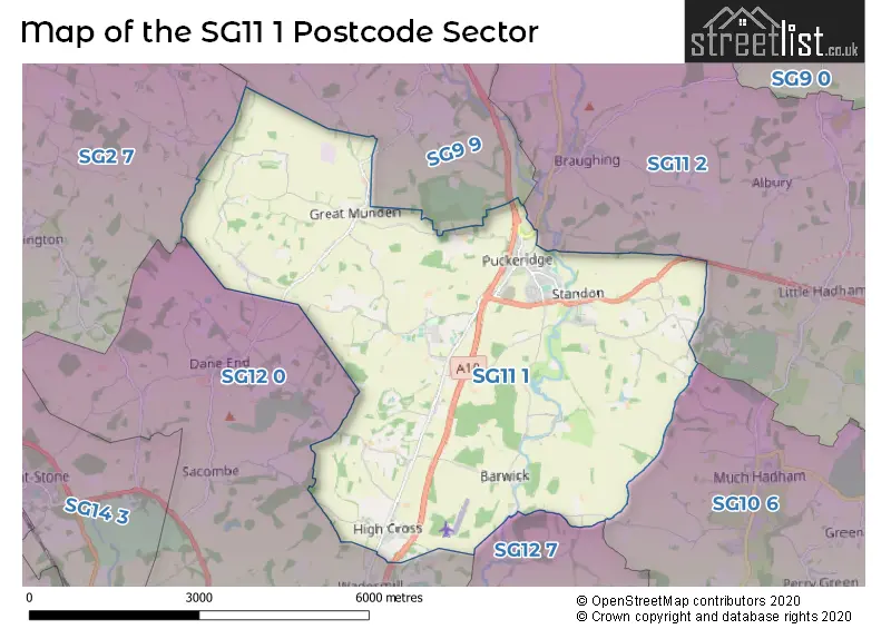 Map of the SG11 1 and surrounding postcode sector
