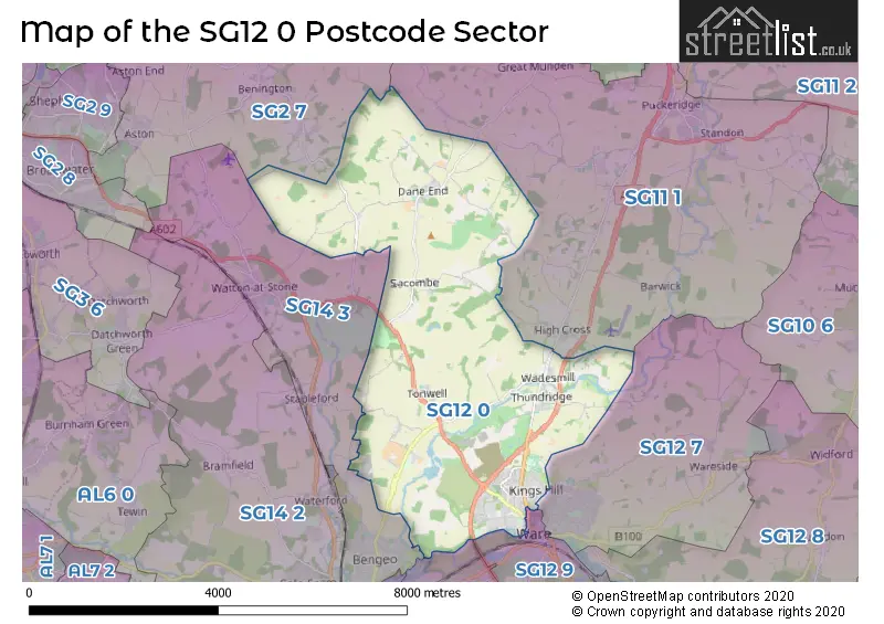 Map of the SG12 0 and surrounding postcode sector