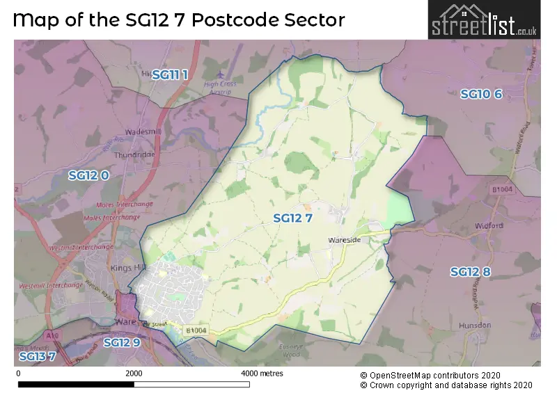 Map of the SG12 7 and surrounding postcode sector