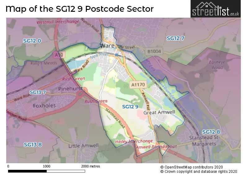 Map of the SG12 9 and surrounding postcode sector