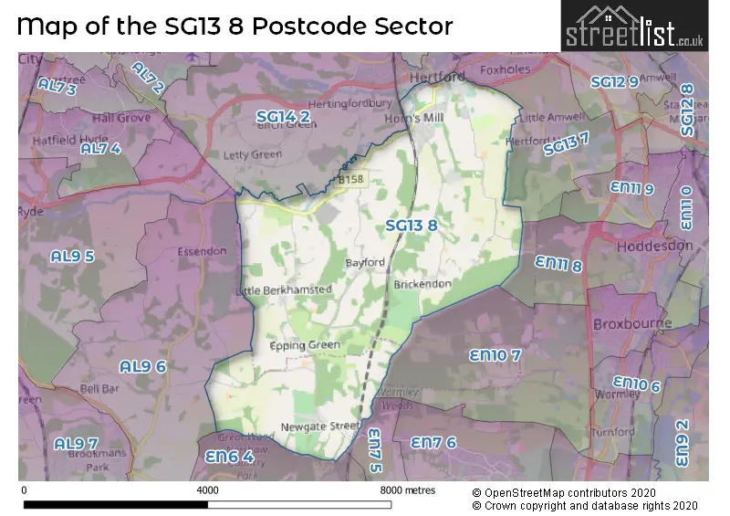 Map of the SG13 8 and surrounding postcode sector