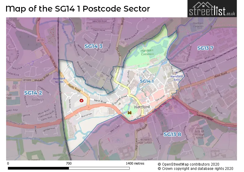 Map of the SG14 1 and surrounding postcode sector