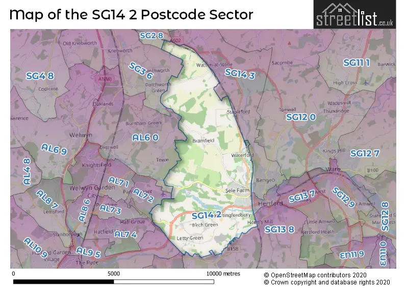 Map of the SG14 2 and surrounding postcode sector
