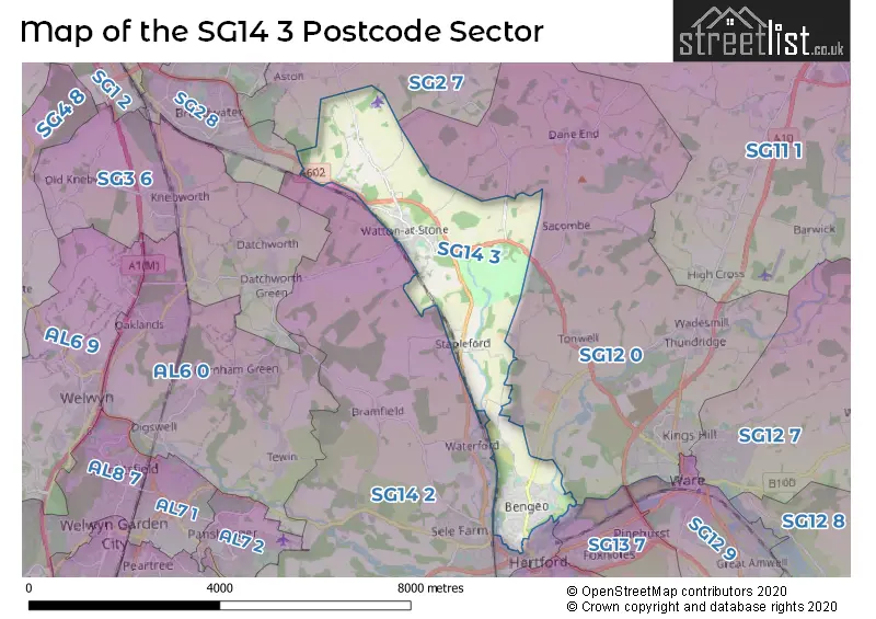 Map of the SG14 3 and surrounding postcode sector