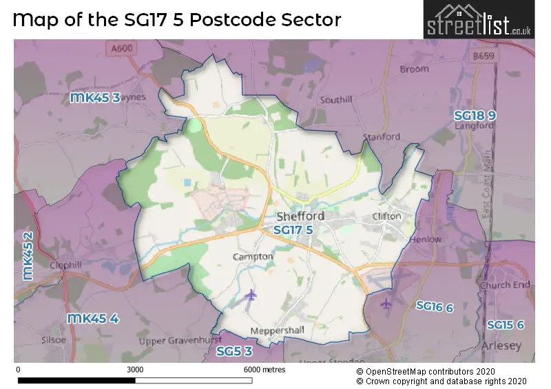 Map of the SG17 5 and surrounding postcode sector