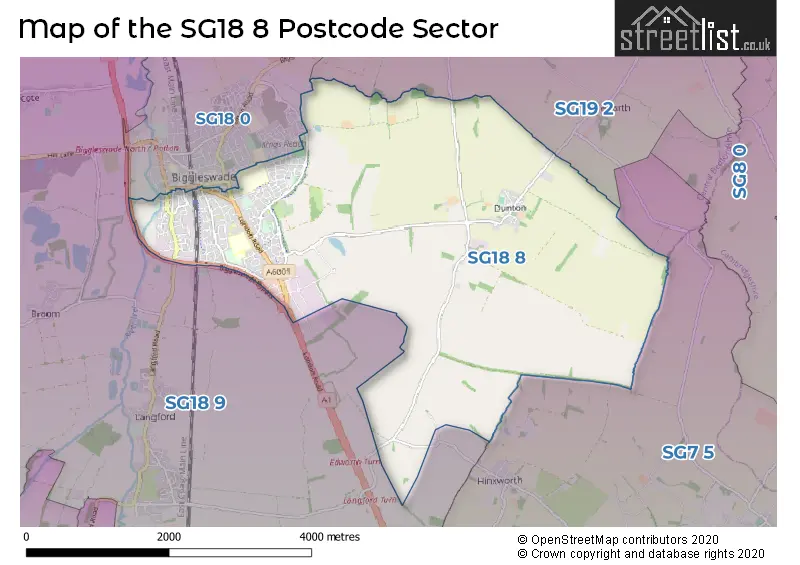 Map of the SG18 8 and surrounding postcode sector