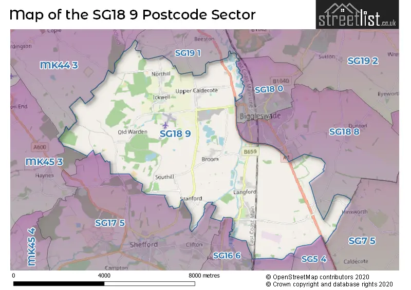 Map of the SG18 9 and surrounding postcode sector