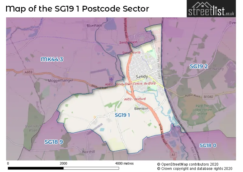 Map of the SG19 1 and surrounding postcode sector