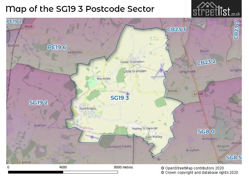 Map of the SG19 3 and surrounding postcode sector