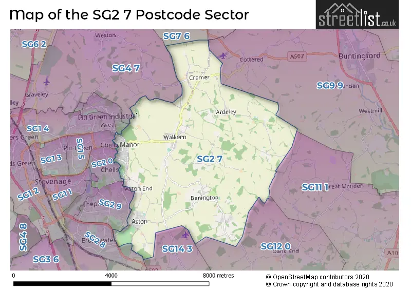 Map of the SG2 7 and surrounding postcode sector