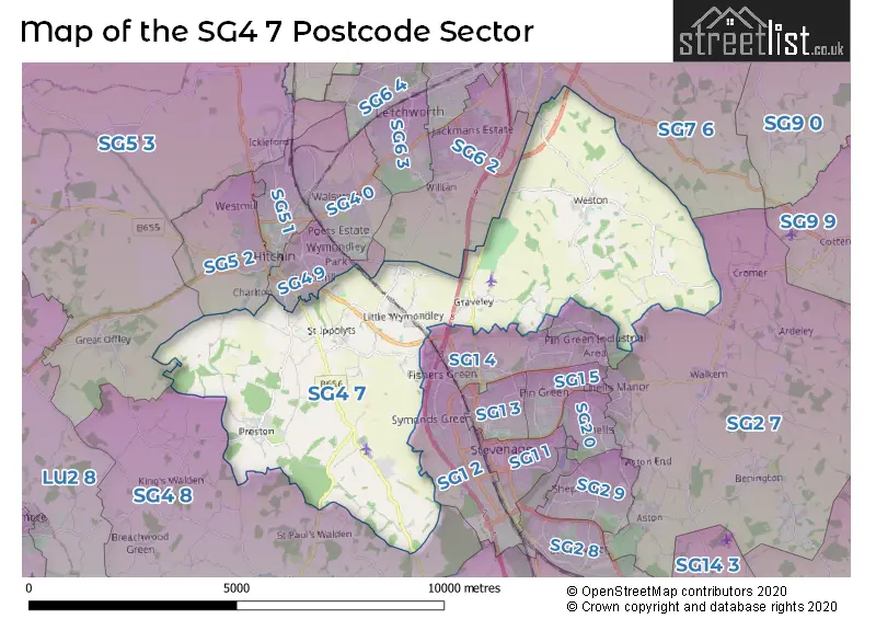Map of the SG4 7 and surrounding postcode sector