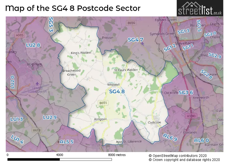 Map of the SG4 8 and surrounding postcode sector