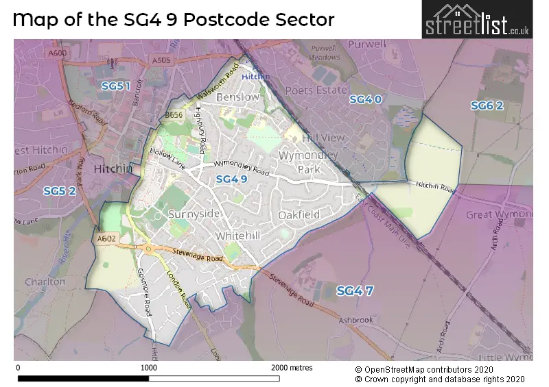 Map of the SG4 9 and surrounding postcode sector