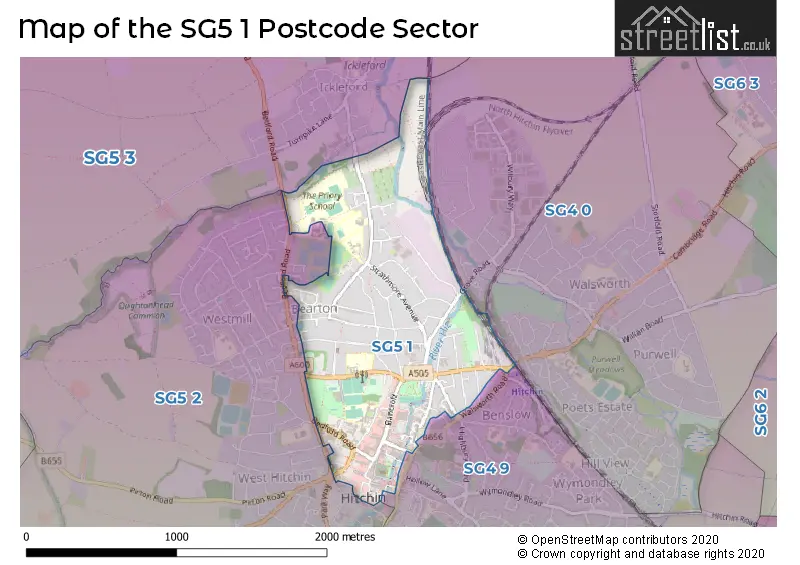 Map of the SG5 1 and surrounding postcode sector