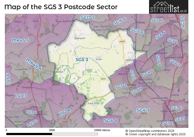 Map of the SG5 3 and surrounding postcode sector