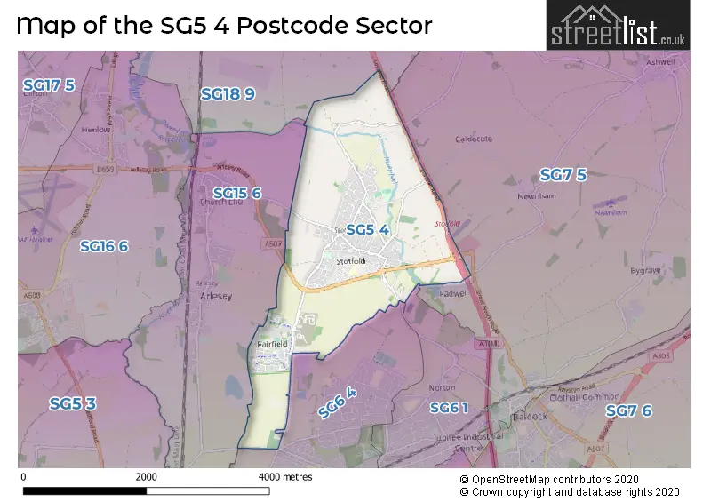 Map of the SG5 4 and surrounding postcode sector