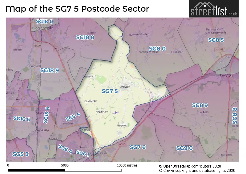 Map of the SG7 5 and surrounding postcode sector