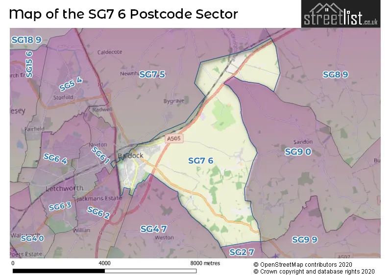Map of the SG7 6 and surrounding postcode sector