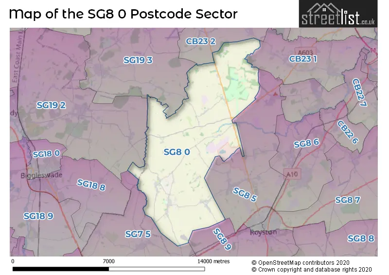 Map of the SG8 0 and surrounding postcode sector