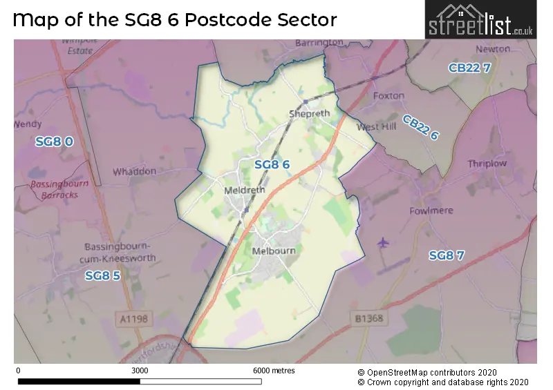 Map of the SG8 6 and surrounding postcode sector