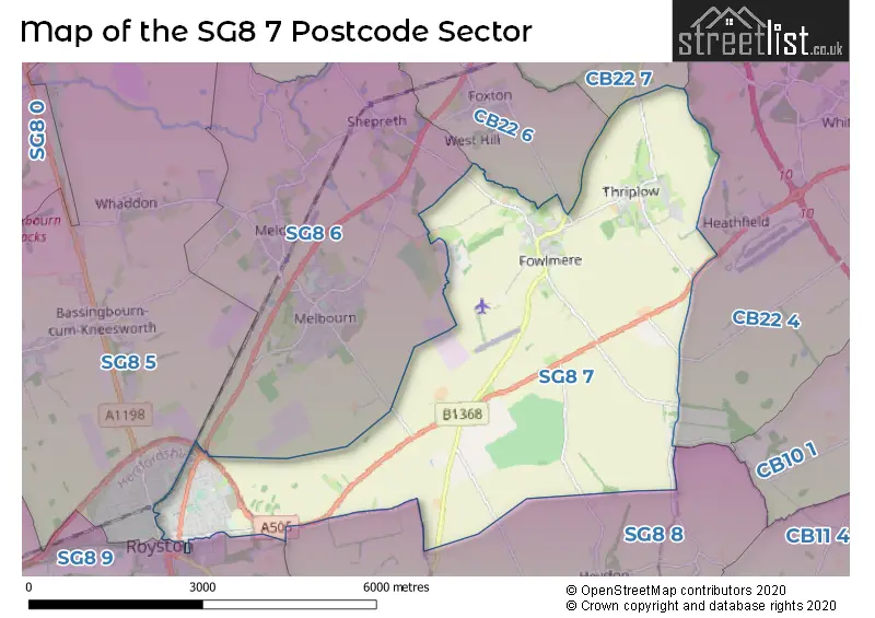 Map of the SG8 7 and surrounding postcode sector