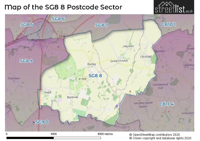 Map of the SG8 8 and surrounding postcode sector