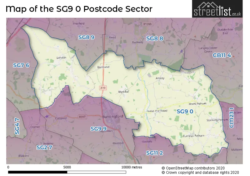 Map of the SG9 0 and surrounding postcode sector
