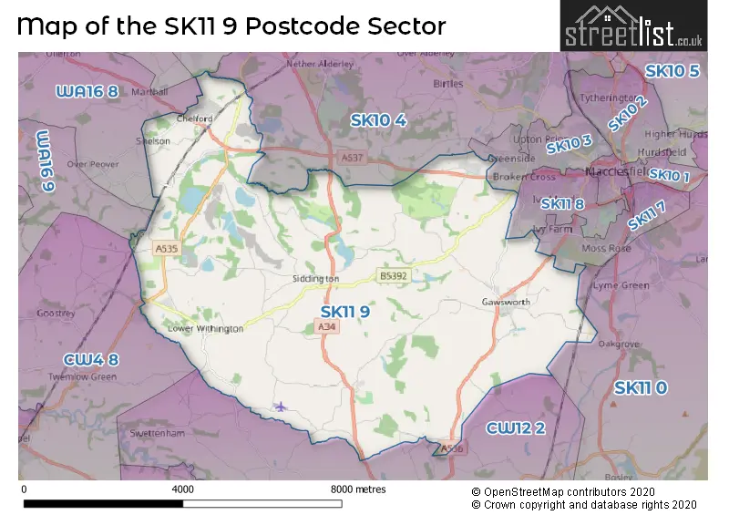 Map of the SK11 9 and surrounding postcode sector
