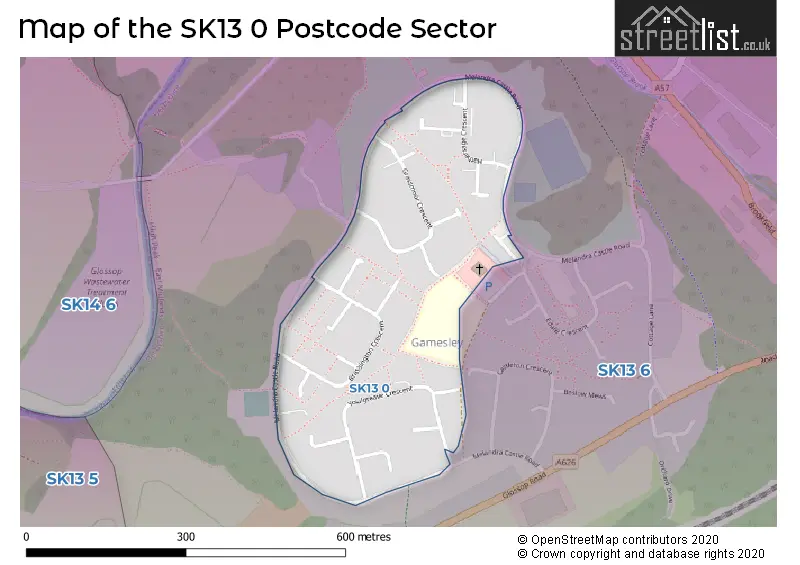 Map of the SK13 0 and surrounding postcode sector