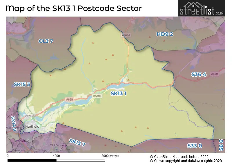 Map of the SK13 1 and surrounding postcode sector