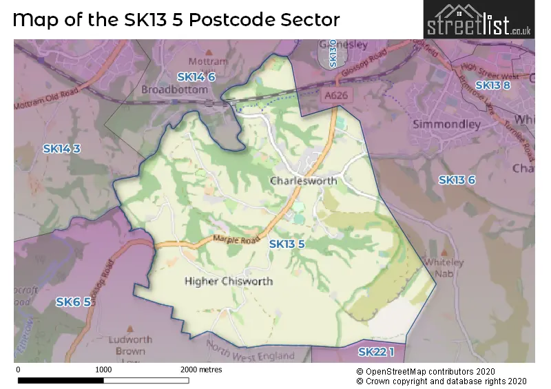 Map of the SK13 5 and surrounding postcode sector