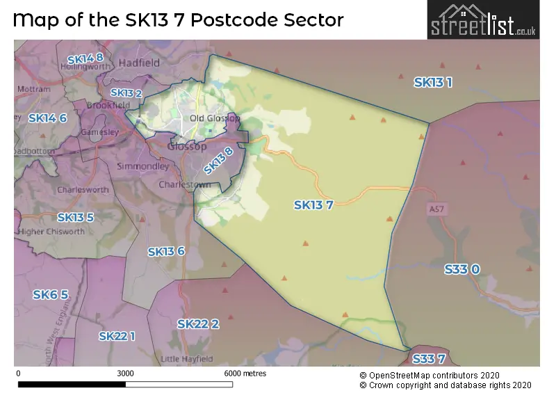 Map of the SK13 7 and surrounding postcode sector