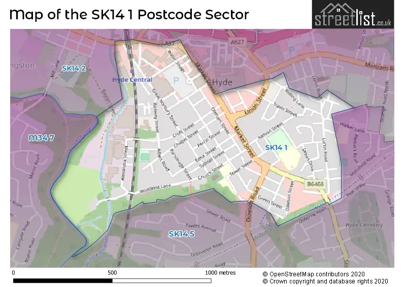 Map of the SK14 1 and surrounding postcode sector