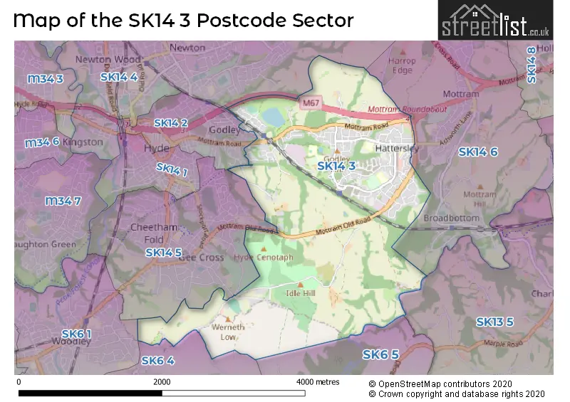 Map of the SK14 3 and surrounding postcode sector