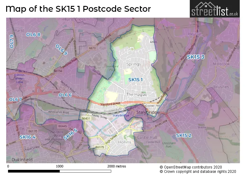 Map of the SK15 1 and surrounding postcode sector