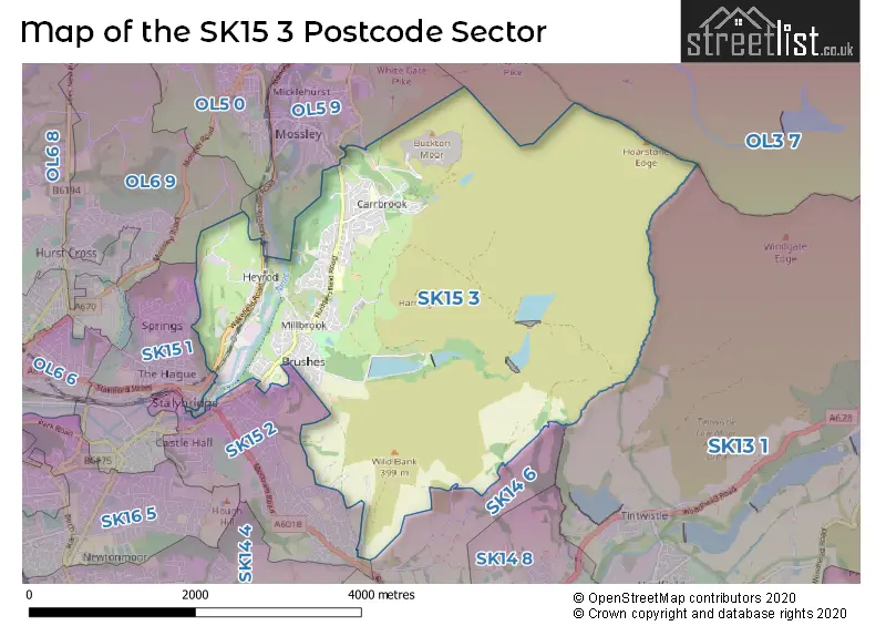 Map of the SK15 3 and surrounding postcode sector