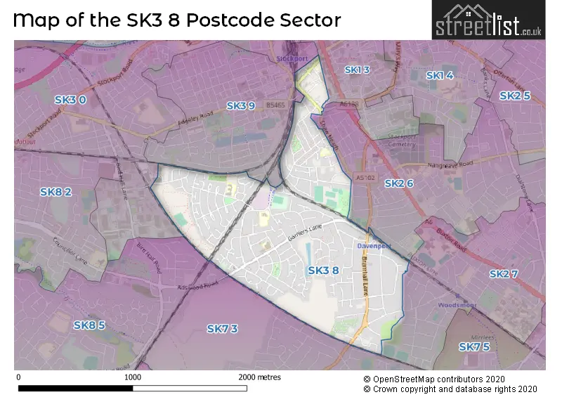 Map of the SK3 8 and surrounding postcode sector